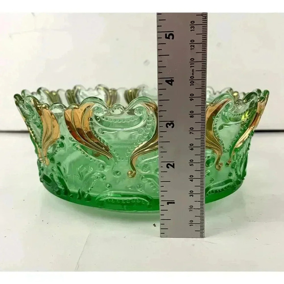 VTG Idyll Pattern Jefferson Pressed Glass Bowl Green Gold Accent - Picture 5 of 10